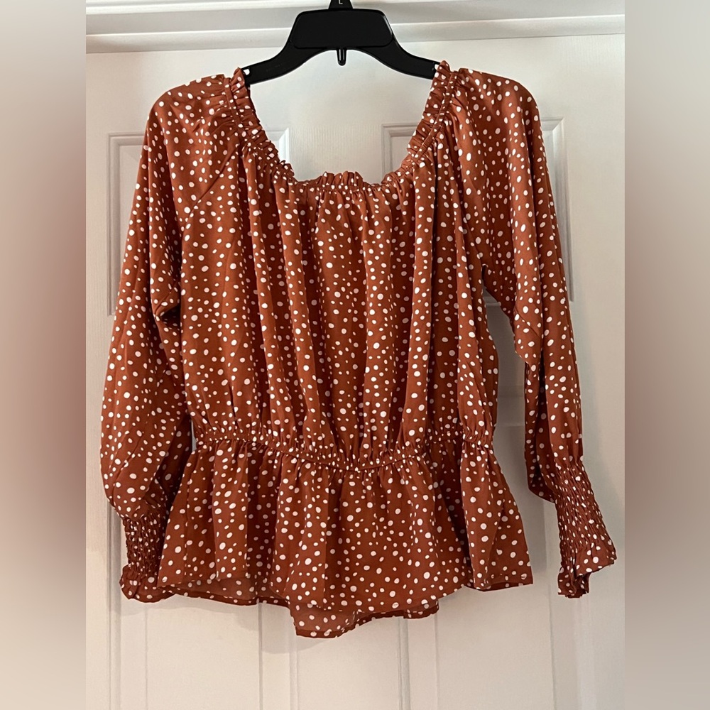 Pink Lily Polka Dot Ruffle Hem Blouse - Brown - Picture 2 of 3
